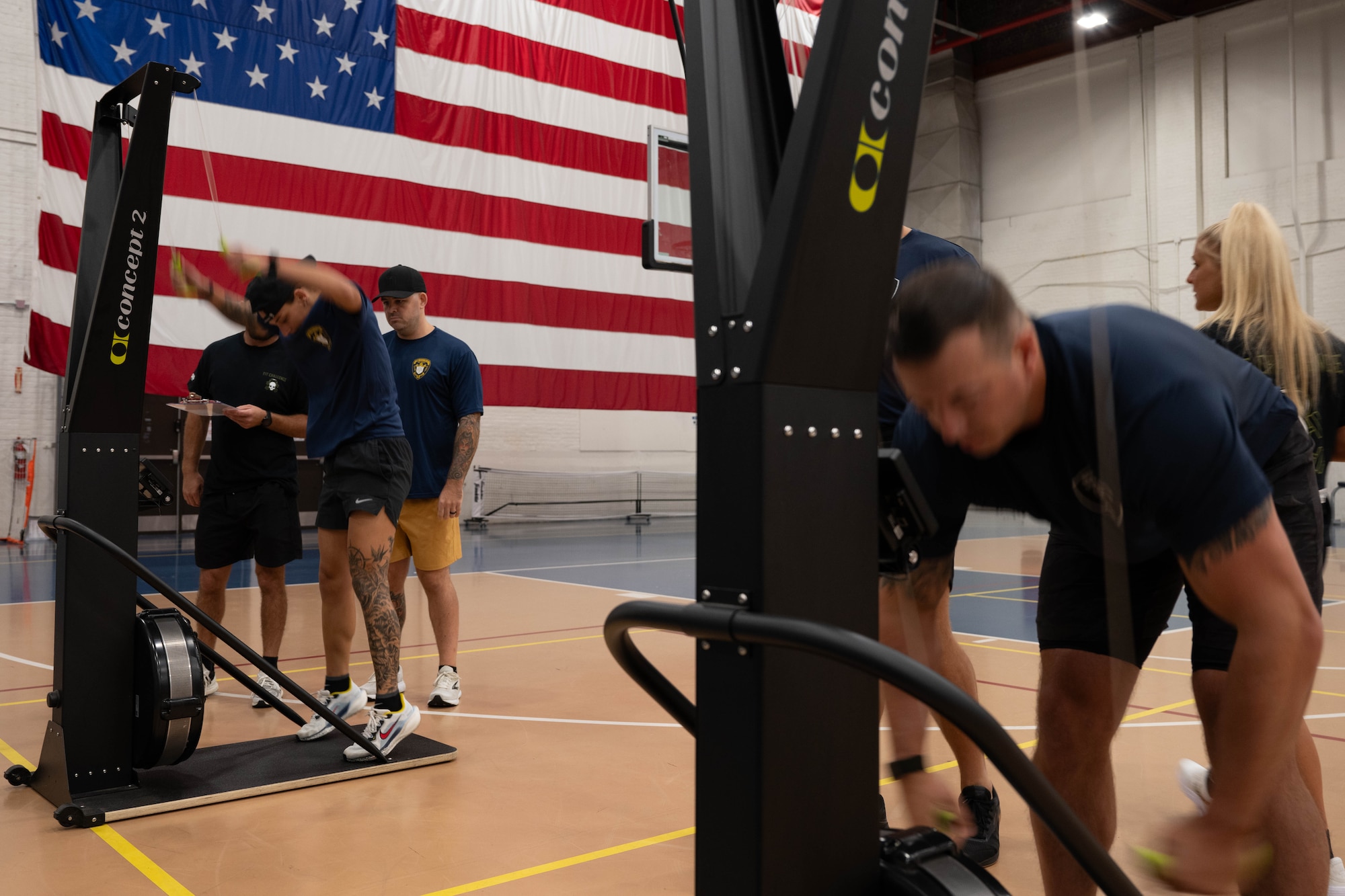 Personnel from Berkeley Township Police Department and Toms River Police Department compete against each other during the 87th Force Support Squadron’s 1st Annual Lakehurst Fitness Day Challenge at Joint Base McGuire-Dix-Lakehurst, N.J., Sept. 17, 2025. The 87th FSS event challenged several off-base police departments to complete a series of exercises, fostering collaboration with our mission partners. (U.S. Air Force Senior Airman Aidan Thompson)