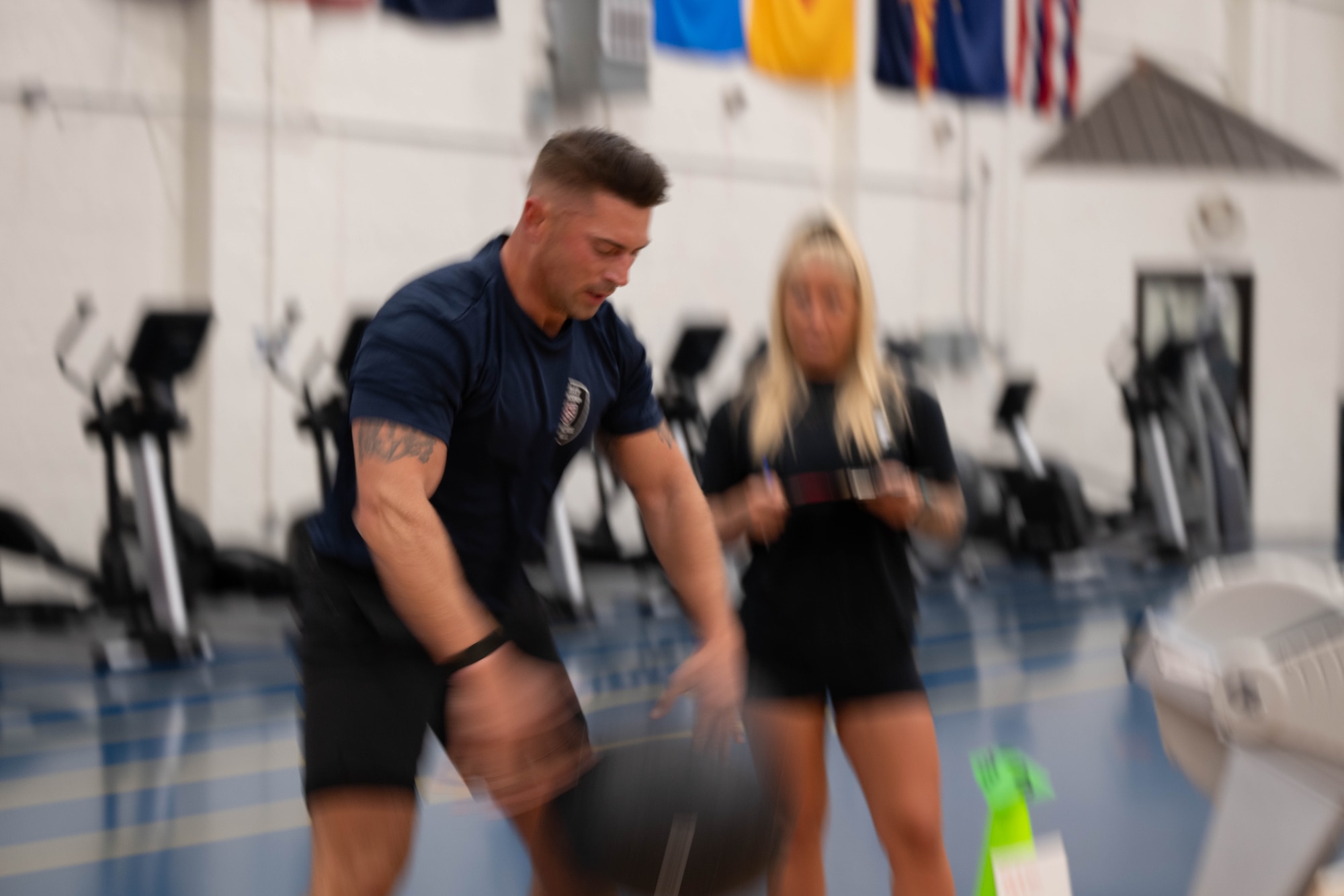 Personnel from Berkeley Township Police Department and Toms River Police Department compete against each other during the 87th Force Support Squadron’s 1st Annual Lakehurst Fitness Day Challenge at Joint Base McGuire-Dix-Lakehurst, N.J., Sept. 17, 2025. The 87th FSS event challenged several off-base police departments to complete a series of exercises, fostering collaboration with our mission partners. (U.S. Air Force Senior Airman Aidan Thompson)