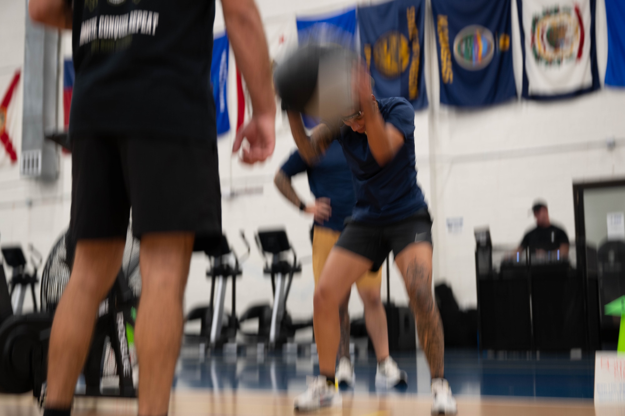 Personnel from Berkeley Township Police Department and Toms River Police Department compete against each other during the 87th Force Support Squadron’s 1st Annual Lakehurst Fitness Day Challenge at Joint Base McGuire-Dix-Lakehurst, N.J., Sept. 17, 2025. The 87th FSS event challenged several off-base police departments to complete a series of exercises, fostering collaboration with our mission partners. (U.S. Air Force Senior Airman Aidan Thompson)