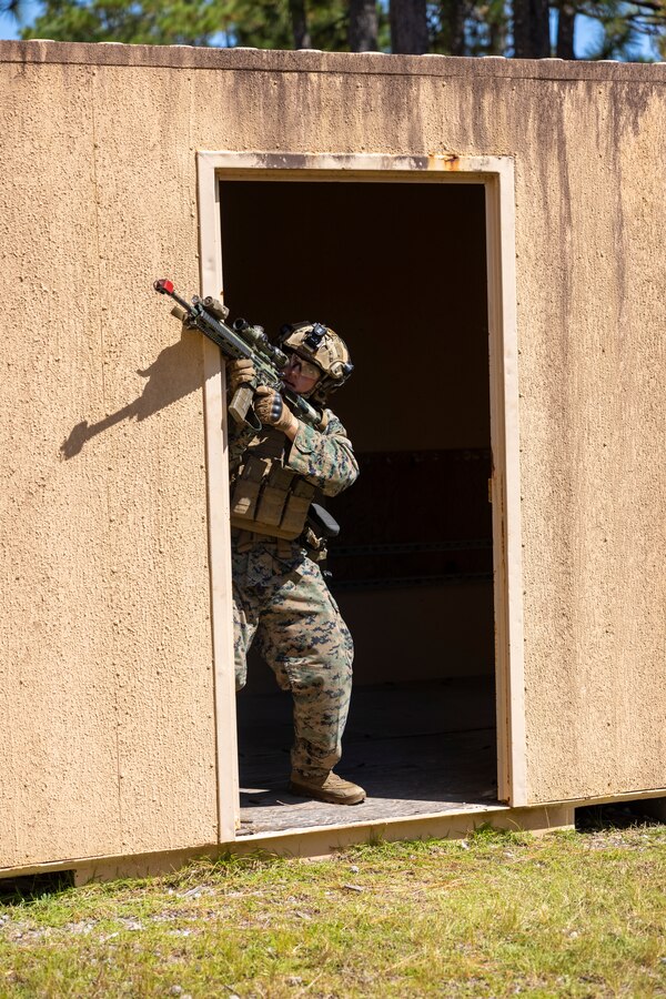 U.S. Marine Corps Lance Cpl. Xavier Clark, a rifleman with 2nd Battalion, 2nd Marine Regiment, participates in urban operations drills during exercise UNITAS 2025 at Marine Corps Base Camp Lejeune, North Carolina, Sept. 18, 2025. UNITAS, which is Latin for “unity,” was conceived in 1959 and has taken place annually since first conducted in 1960. This year marks the 66th iteration of the world’s longest-running annual multinational maritime exercise. (U.S. Marine Corps photo by Lance Cpl. Payton Goodrich)