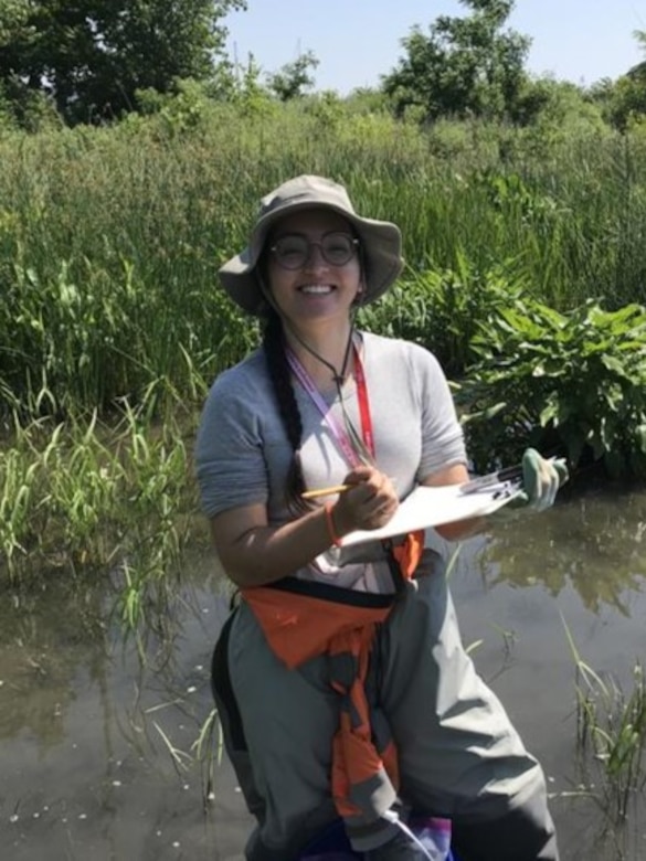 U.S. Army Corps of Engineers, Buffalo District Army Fellow Jane Clark logs geo-coordinates of samples gathered during invasive aquatic species research on Unity Island in Buffalo, N.Y.