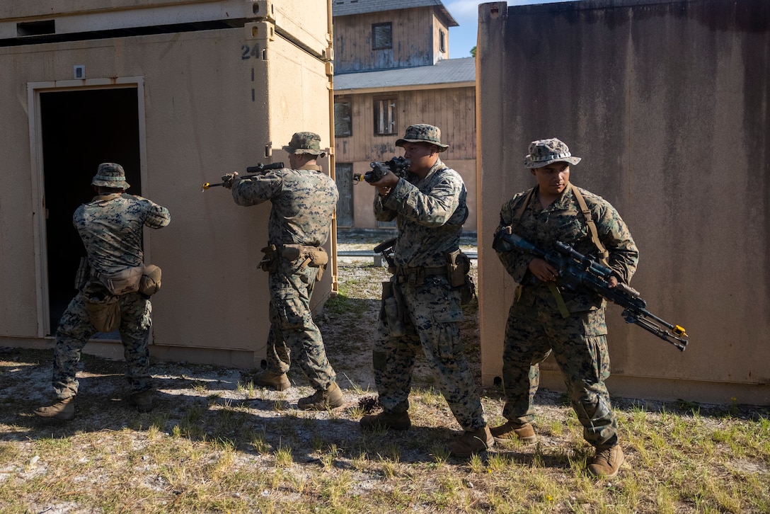 U.S. Marines with 2nd Battalion, 2nd Marine Regiment, demonstrate room clearing strategies, while participating in urban operations training, during exercise UNITAS 2025 at Marine Corps Base Camp Lejeune, North Carolina, Sept. 19, 2025. UNITAS, which is Latin for “unity,” was conceived in 1959 and has taken place annually since first conducted in 1960. This year marks the 66th iteration of the world’s longest running annual multinational maritime exercise. (U.S. Marine Corps photo by Lance Cpl. Payton Goodrich)
