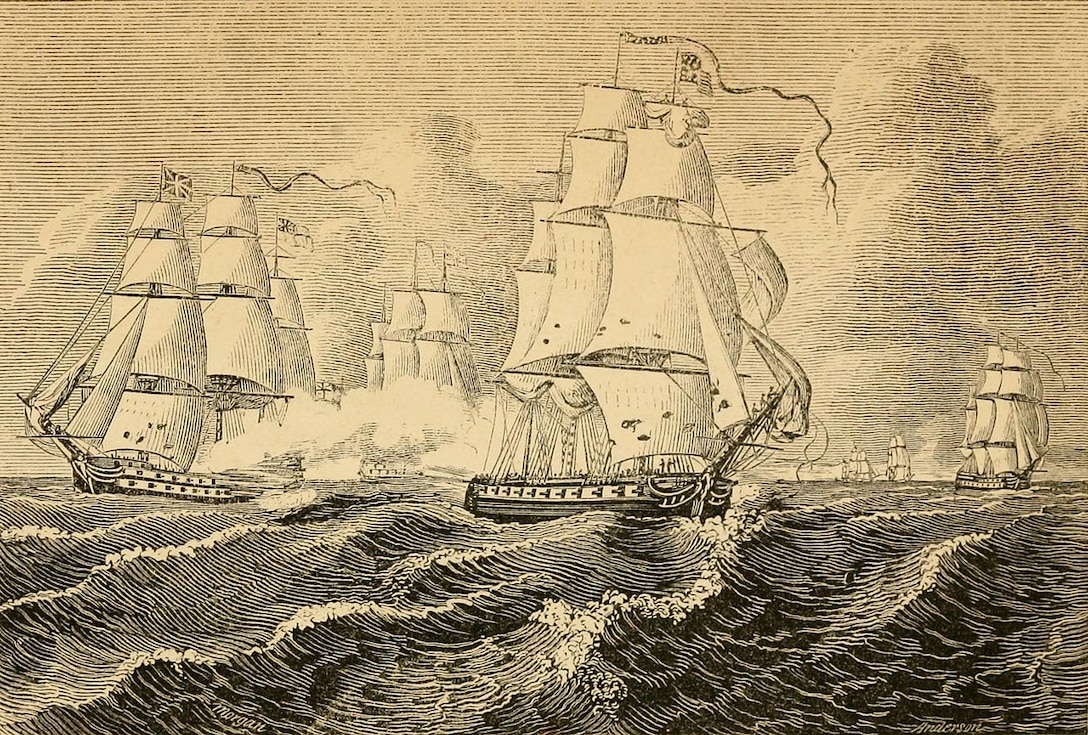 USS Reprisal chased by a British cruiser. Engraving by Alexander Anderson, after a drawing by William Morgan (1848).