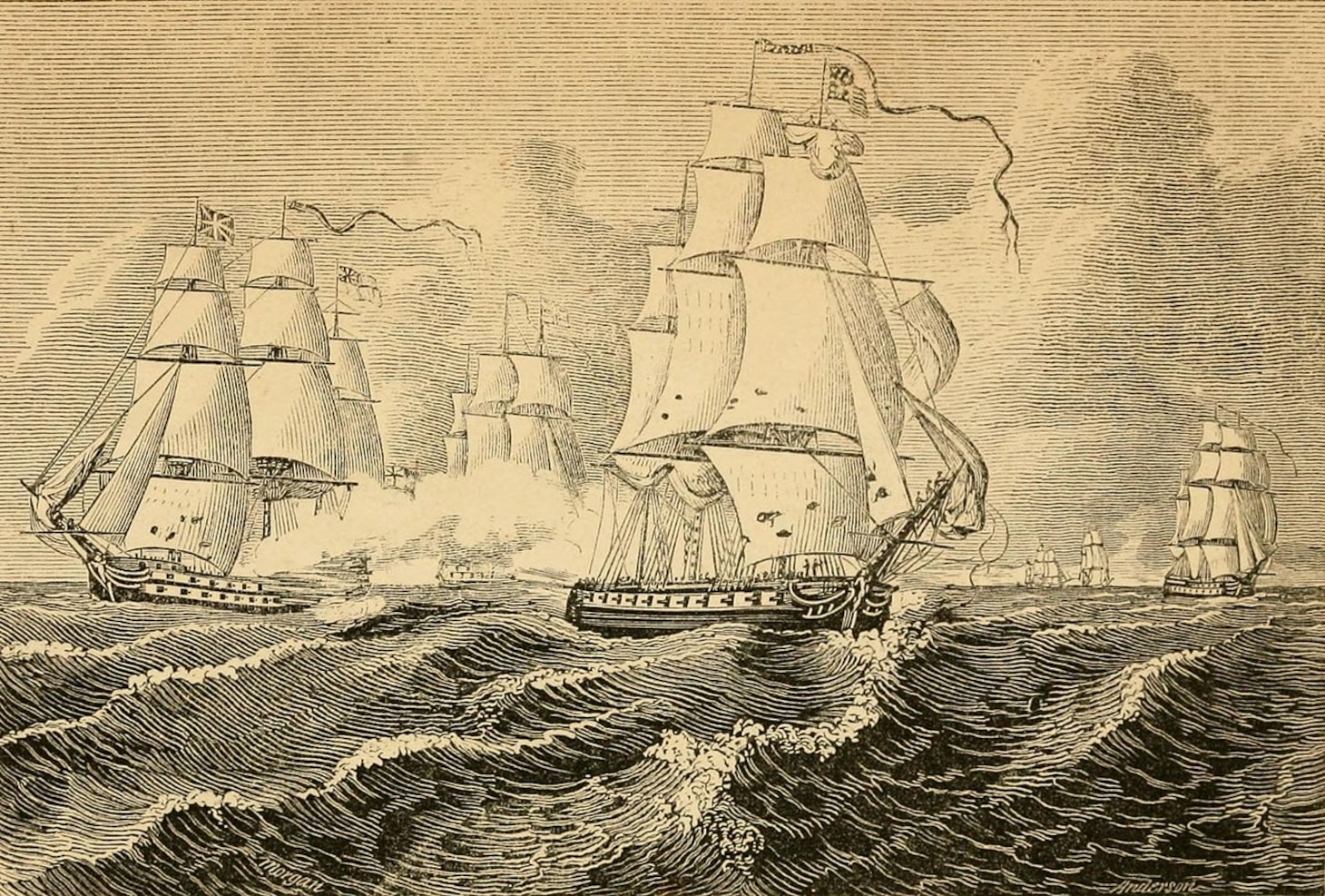USS Reprisal chased by a British cruiser. Engraving by Alexander Anderson, after a drawing by William Morgan (1848).