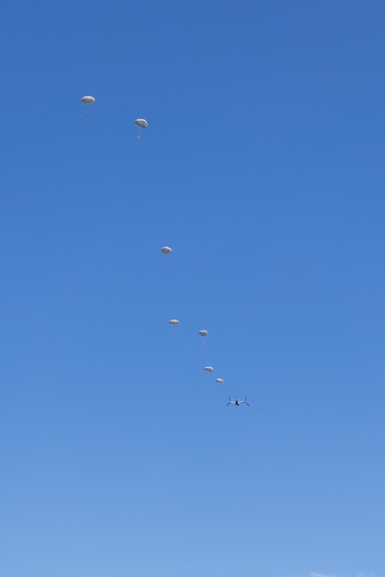 U.S. Marines with 3rd Force Reconnaissance Company, 4th Marine Division, and marines with Infantería de Marina del Perú (Peruvian naval infantry) and marines with Cuerpo de Infantería de Marina (Ecuadorian marines) jump from an MV-22B Osprey tiltrotor aircraft, assigned to Marine Medium Tiltrotor Squadron (VMM) 261, while conducting sustainment jumps during exercise UNITAS 2025 at Marine Corps Base Camp Lejeune, North Carolina, Sept. 20, 2025. UNITAS, which is Latin for “unity,” was conceived in 1959 and has taken place annually since first conducted in 1960. This year marks the 66th iteration of the world’s longest running annual multinational maritime exercise. (U.S. Marine Corps photo by Lance Cpl. Payton Goodrich)
