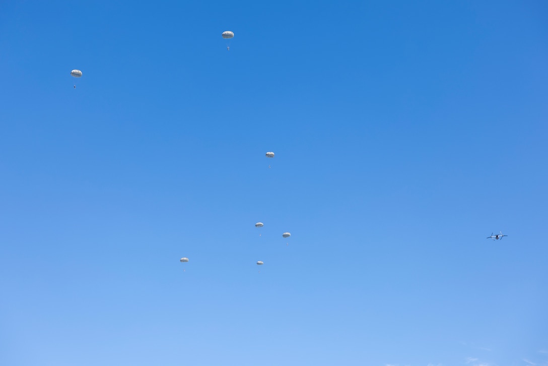 U.S. Marines with 3rd Force Recon, 4th Marine Division, and marines with Infantería de Marina del Perú (Peruvian naval infantry) and marines with Cuerpo de Infantería de Marina (Ecuadorian marines) jump from an MV-22B Osprey tiltrotor aircraft, assigned to Marine Medium Tiltrotor Squadron (VMM) 261, while conducting sustainment jumps during exercise UNITAS 2025 at Marine Corps Base Camp Lejeune, North Carolina, Sept. 20, 2025. UNITAS, which is Latin for “unity,” was conceived in 1959 and has taken place annually since first conducted in 1960. This year marks the 66th iteration of the world’s longest running annual multinational maritime exercise. (U.S. Marine Corps photo by Lance Cpl. Payton Goodrich)