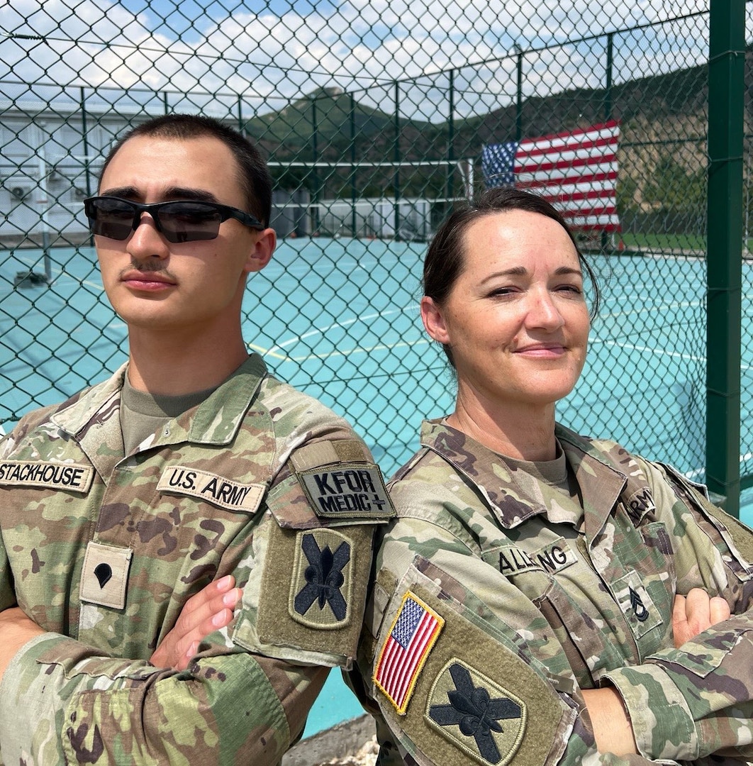 Sgt. 1st Class Tresa Allemang and her son, Cpl. Aiden Stackhouse, assigned to the 256th Infantry Brigade Combat Team, are serving together on the NATO-led KFOR mission in Kosovo. The mother and son have the opportunity to share a common dream of serving side by side on the same mission.