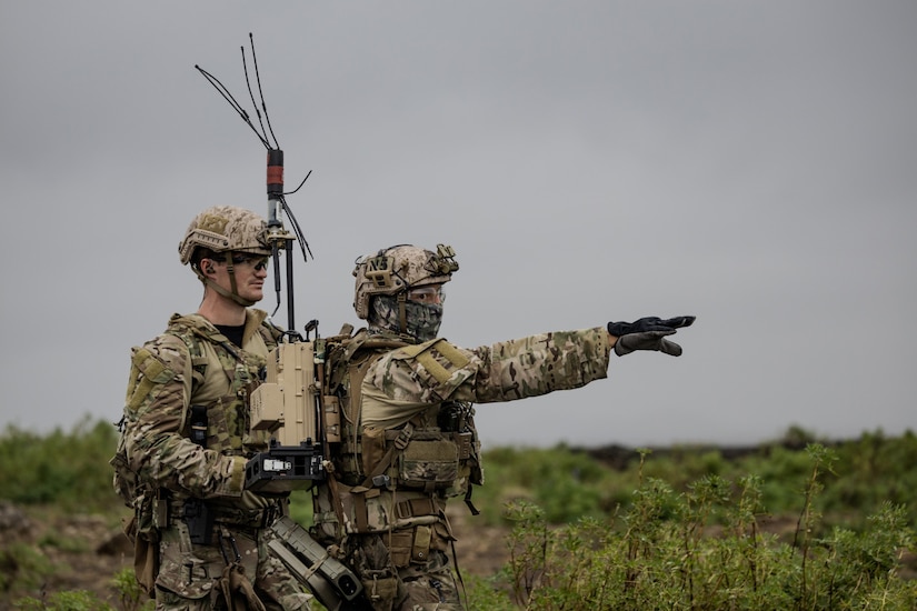 Two soldiers dressed in military camouflage uniforms stand in a field. One is pointing while the other is holding a device.