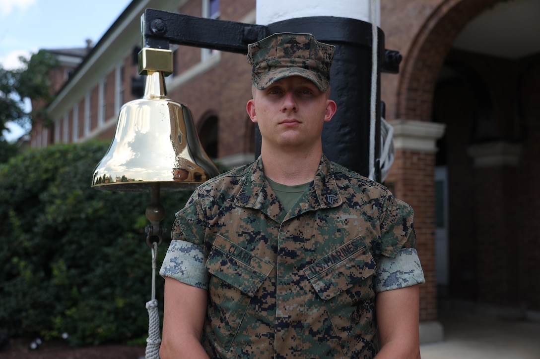 U.S. Marine Corps Sgt. Jack M. Clark, noncommissioned officer-in-charge of the Guard Academy, poses for a photo at Marine Barracks Washington, D.C., July 28, 2025. Clark leads and mentors incoming Marines through a rigorous training program designed to prepare them for the demands of ceremonial and security duties within the Guard Company. He strives to instill confidence, discipline, and pride in every Marine who passes through the academy. (U.S. Marine Corps phot by Lance Cpl. Brynn L. Bouchard)