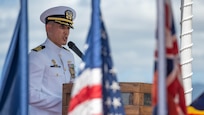 250918-N-EI510-1130  JOINT BASE PEARL HARBOR-HICKAM, Hawaii (Sep. 18, 2025) Cmdr. Jeffrey Bernhardt, outgoing commanding officer of Virginia-class fast-attack submarine USS Mississippi (SSN 782), gives remarks during the change of command ceremony for Mississippi on Joint Base Pearl Harbor-Hickam, Hawaii, Sep. 18, 2025. Mississippi is assigned to Submarine Squadron 1 and is capable of supporting various missions, including anti-submarine warfare, anti-surface ship warfare, strike warfare, special operations forces support, and intelligence, surveillance, and reconnaissance. (U.S. Navy photo by Mass Communication Specialist 1st Class Scott Barnes)