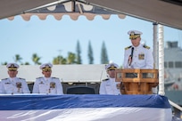 250918-N-EI510-1214
JOINT BASE PEARL HARBOR-HICKAM, Hawaii (Sep. 18, 2025) - Cmdr. Alex Rinaldi, incoming commanding officer of Virginia-class fast-attack submarine USS Mississippi (SSN 782), gives remarks during the change of command ceremony for Mississippi on Joint Base Pearl Harbor-Hickam, Hawaii, Sep. 18, 2025. Mississippi is assigned to Submarine Squadron 1 and is capable of supporting various missions, including anti-submarine warfare, anti-surface ship warfare, strike warfare, special operations forces support, and intelligence, surveillance, and reconnaissance. (U.S. Navy photo by Mass Communication Specialist 1st Class Scott Barnes)
