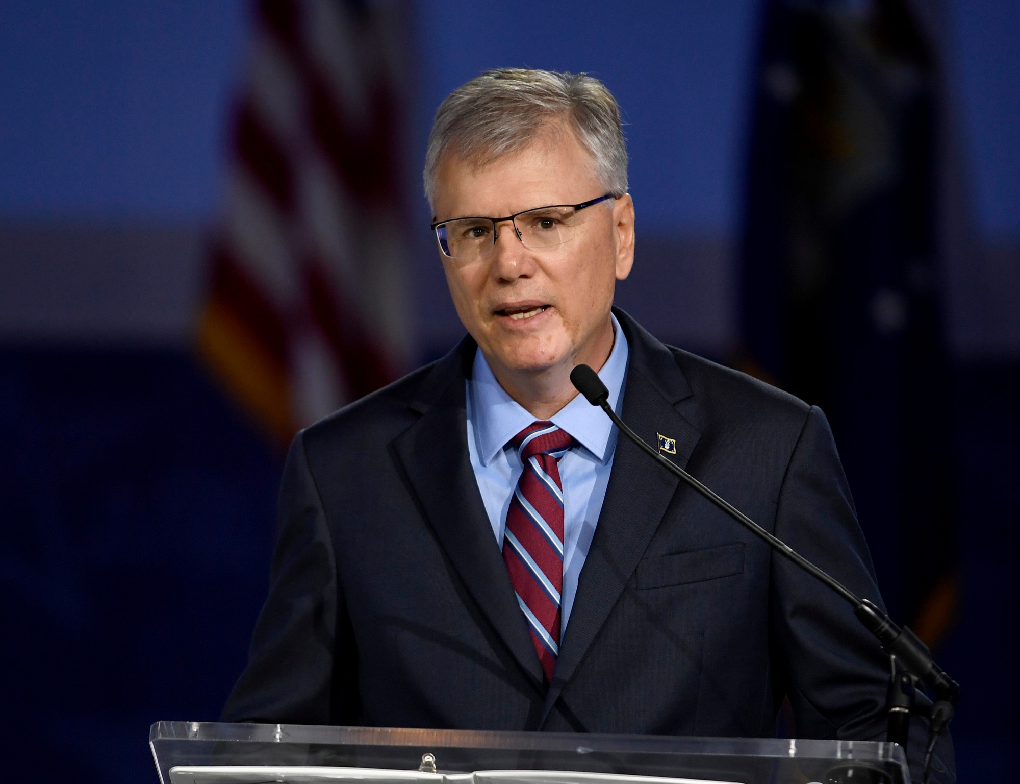 Secretary of the Air Force Troy Meink delivers a keynote address during the 2025 Air, Space and Cyber Conference at National Harbor, Md.