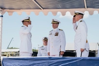 250918-N-NR343-1278
JOINT BASE PEARL HARBOR-HICKAM, Hawaii (Sep. 18, 2025) - Cmdr. Alex Rinaldi, incoming commanding officer of Virginia-class fast-attack submarine USS Mississippi (SSN 782), right, salutes Cmdr. Jeffrey Bernhardt, outgoing commanding officer of Mississippi, left, while Capt. Chris Hedrick, commander, Submarine Squadron 1, center, observes during the Mississippi’s change of command ceremony on Joint Base Pearl Harbor-Hickam, Hawaii, Sep. 18, 2025. Mississippi is assigned to Submarine Squadron 1 and is capable of supporting various missions, including anti-submarine warfare, anti-surface ship warfare, strike warfare, special operations forces support, and intelligence, surveillance, and reconnaissance. (U.S. Navy photo by Mass Communication Specialist 2nd Class Nicholas Russell)