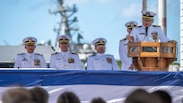 250918-N-EI510-1061
JOINT BASE PEARL HARBOR-HICKAM, Hawaii (Sep. 18, 2025) - Capt. Aaron Peterson, director of training, tactical development, and doctrine, Submarine Force, U.S. Pacific Fleet, gives remarks during the change of command ceremony for Mississippi on Joint Base Pearl Harbor-Hickam, Hawaii, Sep. 18, 2025. Mississippi is assigned to Submarine Squadron 1 and is capable of supporting various missions, including anti-submarine warfare, anti-surface ship warfare, strike warfare, special operations forces support, and intelligence, surveillance, and reconnaissance. (U.S. Navy photo by Mass Communication Specialist 1st Class Scott Barnes)