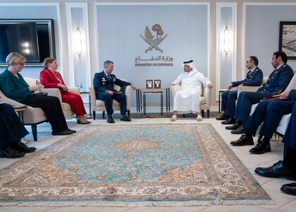 Chairman of the Joint Chiefs of Staff Gen. Dan Caine meets Qatar's Chief of Staff of the Armed Forces Lt. Gen. Jassim Al Mannain in Doha, Qatar, Sep. 22, 2025. (DOD photo by Chief Mass Communication Specialist James Mullen)