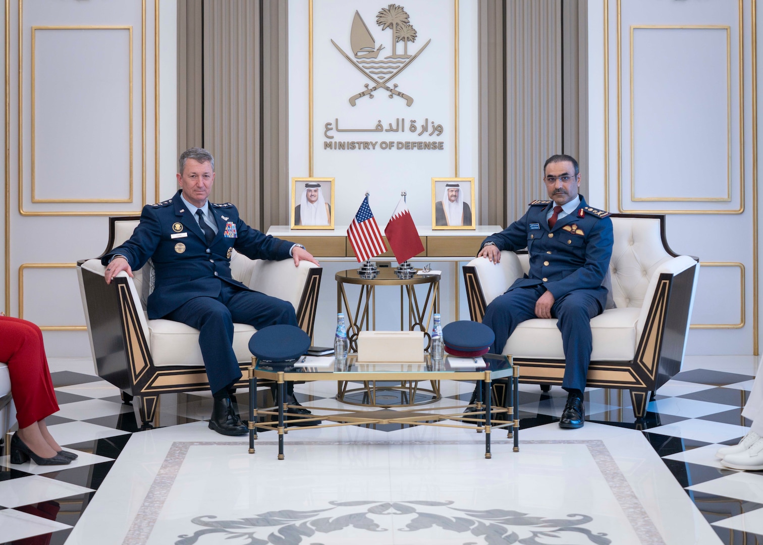 Chairman of the Joint Chiefs of Staff Gen. Dan Caine meets Qatar's Chief of Staff of the Armed Forces Lt. Gen. Jassim Al Mannain in Doha, Qatar, Sep. 22, 2025. (DOD photo by Chief Mass Communication Specialist James Mullen)