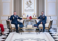 Chairman of the Joint Chiefs of Staff Gen. Dan Caine meets Qatar's Chief of Staff of the Armed Forces Lt. Gen. Jassim Al Mannain in Doha, Qatar, Sep. 22, 2025. (DOD photo by Chief Mass Communication Specialist James Mullen)