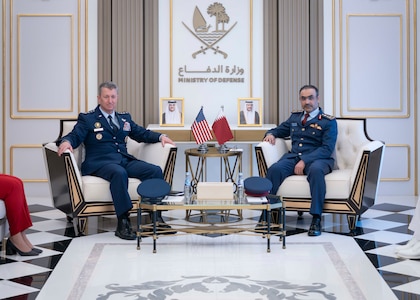 Chairman of the Joint Chiefs of Staff Gen. Dan Caine meets Qatar's Chief of Staff of the Armed Forces Lt. Gen. Jassim Al Mannain in Doha, Qatar, Sep. 22, 2025. (DOD photo by Chief Mass Communication Specialist James Mullen)