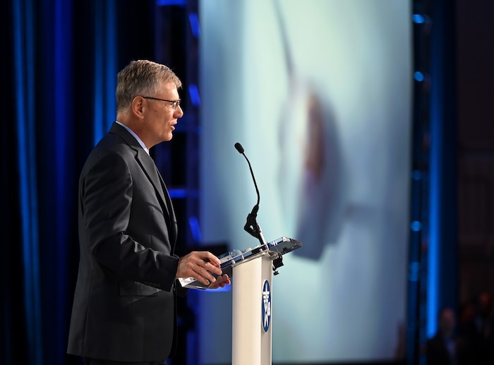 Secretary of the Air Force Troy Meink delivers a keynote address during the 2025 Air, Space and Cyber Conference at National Harbor, Md.