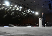 Secretary of the Air Force Troy Meink delivers a keynote address during the 2025 Air, Space and Cyber Conference at National Harbor, Md.