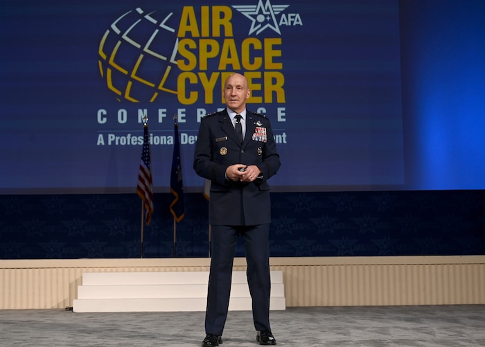 Gen David Allvin gives a speech at the Air, Space and Cyber conference.