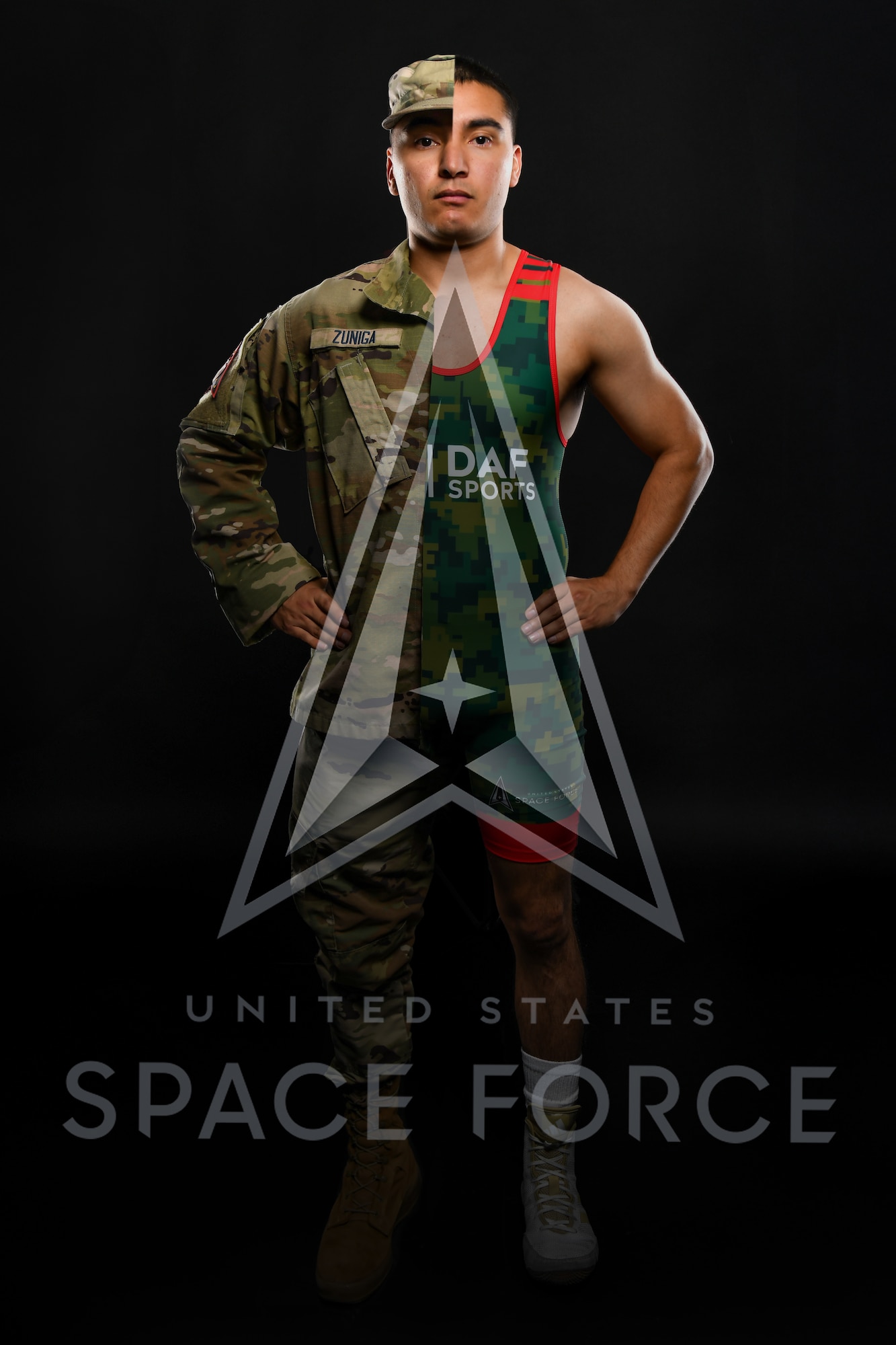 A man stands in a powerful stance in a combined image, with his left half in military uniform and right half in wrestling gear. The Space Force logo and text is superimposed on the image
