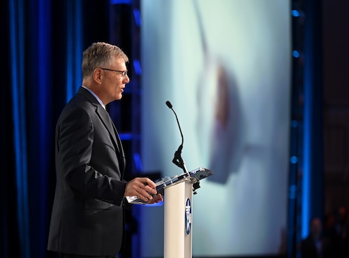 Secretary of the Air Force Troy Meink delivers a keynote address during the 2025 Air, Space and Cyber Conference at National Harbor, Md.