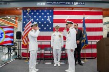 Capt. Jason Geddes, left, commander, Unmanned Undersea Vehicle Group (UUVGRU) 1, is relieved by Capt. Michael Dolbec during a change of command ceremony at Naval Base Kitsap-Keyport, Wash., June 14, 2024. During the ceremony, Dolbec, from Manchester, N.H., relieved Geddes, from Indianapolis, as commander, UUVGRU 1. (U.S. Navy photo by Mass Communication Specialist 2nd Class Victoria Galbraith)