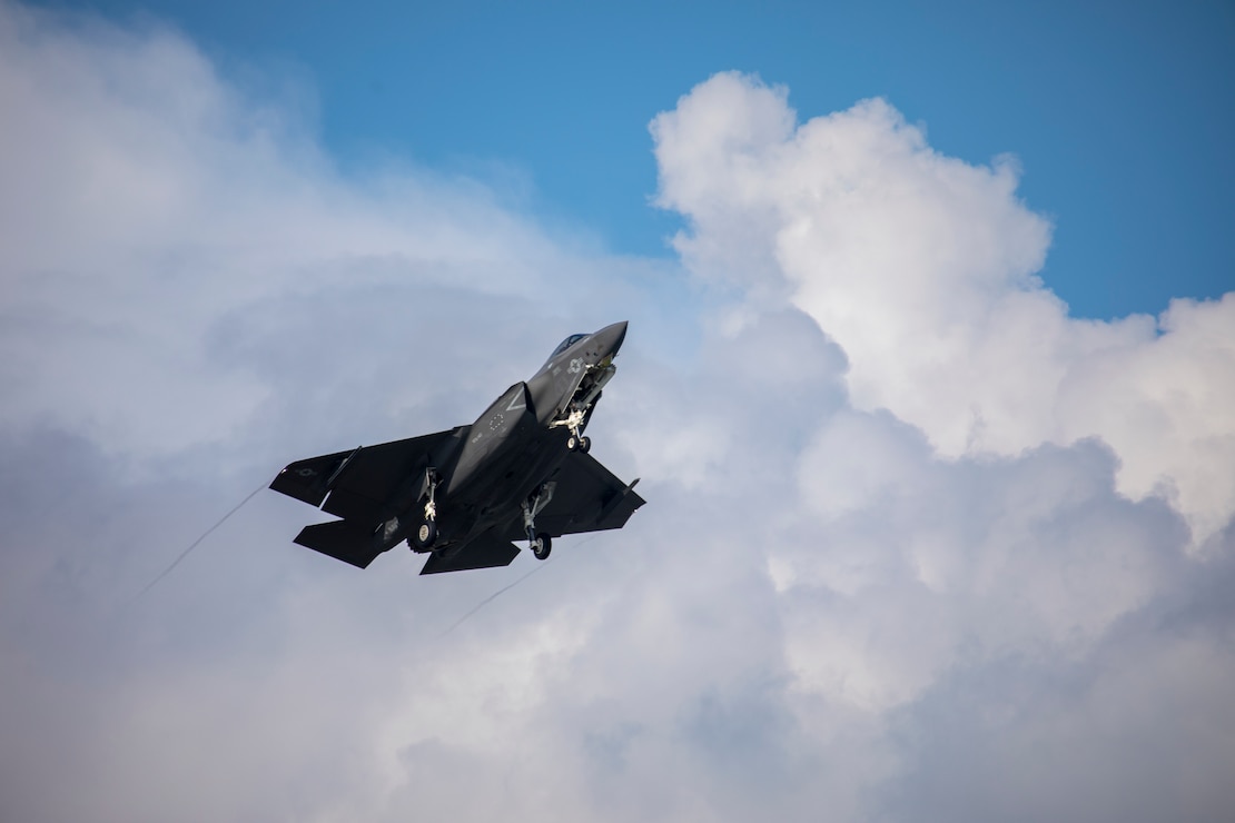 A U.S. Navy F-35C Lightning II jet with Strike Fighter Squadron (VFA) 147, Carrier Air Wing 5, conducts field carrier landing practice at Marine Corps Air Station Iwakuni, Japan, Sept. 18, 2025.