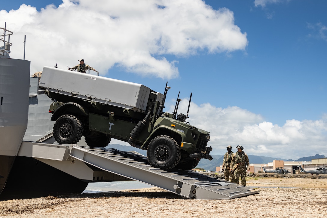 The joint training demonstrated 3rd LCT's ability to conduct equipment recovery operations utilizing the capabilities of the U.S. Army's MSV(L) in a littoral environment. (U.S. Marine Corps photo by Sgt. Malia Sparks)
