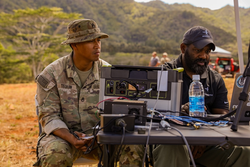 From Right, Rob A. Robinson a Strategic Engagement manager for Research Innovations and Staff Sgt. Clark J. Tequinutilize A 17 Electro Magnetic Warfare Specialists assigned to the Multifunctional Reconnaissance Company, 2nd Mobile Brigade, 25th Infantry Division employ the Dragonfly electronic warfare support system to detect enemy signals of interest September 15, 2025.