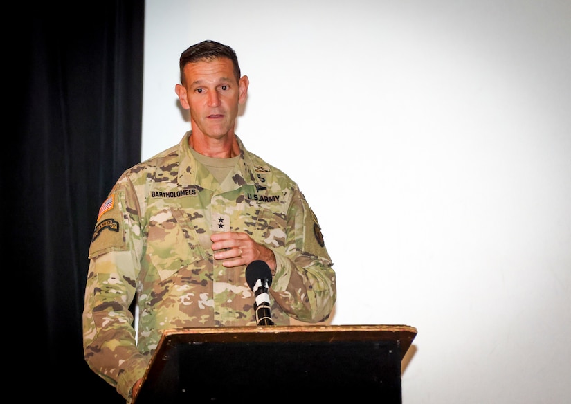 U.S. Army Maj. Gen. James Bartholomees, commanding general of the 25th Infantry Division and U.S. Army Hawaii, speaks on the importance of innovation within the U.S. Army during the 2025 xTech Pacific competition award ceremony, September 18, 2025, Schofield Barracks, Hawaii.