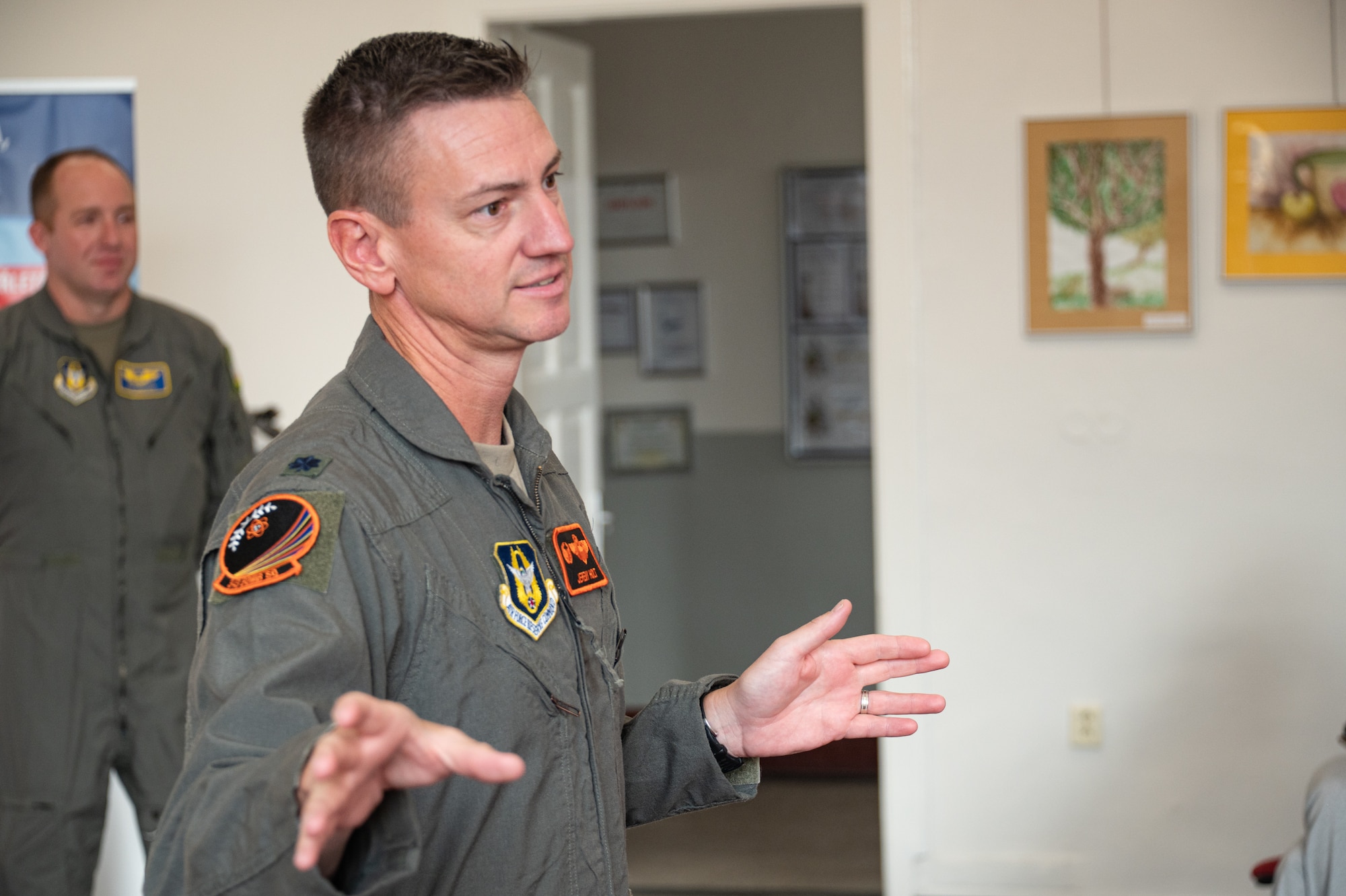 U.S. Air Force Lt. Col. Jeremy Holt, 343rd Bomb Squadron Commander, describes flying the B-52 Stratofortress at a local school in Ostrava, Czech Republic, Sept. 19, 2025. These school visits promote community relations among our NATO Allies and partners and is in conjunction with the NATO Days air show hosted by the Czech Republic. (U.S. Air Force photo by Capt. Cody Burt)