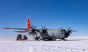 An LC-130 Hercules aircraft from the 109th Airlift Wing is being unloaded at Summit Station, Greenland, May 9, 2024.