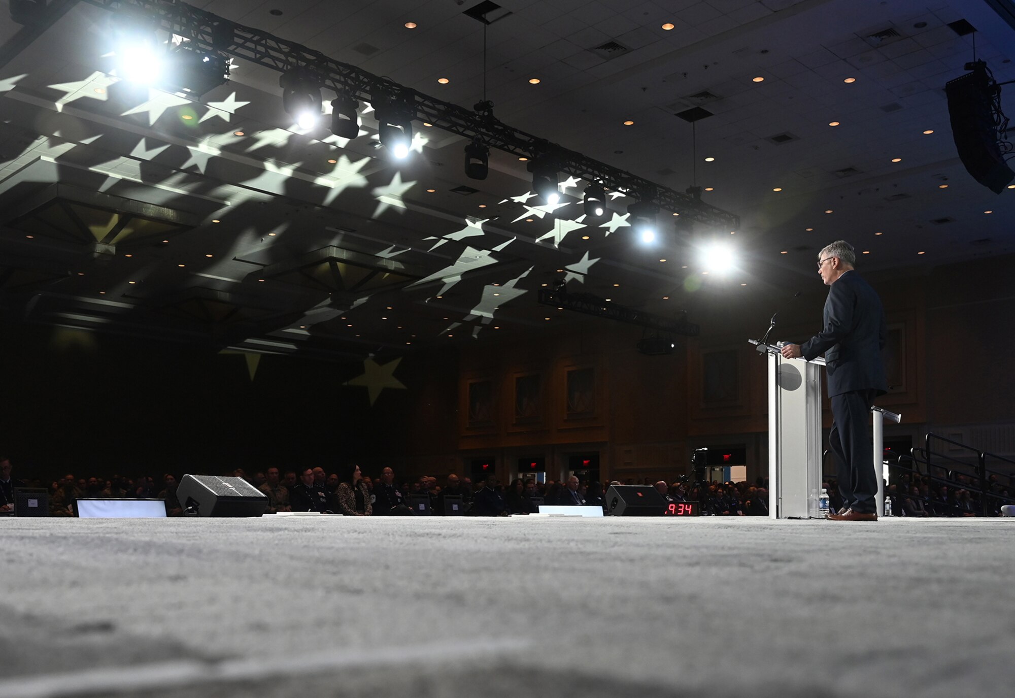 Secretary of the Air Force Troy Meink delivers a keynote address during the 2025 Air, Space and Cyber Conference at National Harbor, Md.