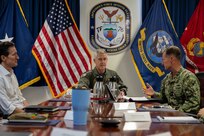 250910-N-VO895-1007

OKINAWA, Japan (Sept. 10, 2025) Rear Adm. Tom Shultz, commander, Task Force (CTF) 76, right, briefs Adm. Steve Koehler, commander, U.S. Pacific Fleet, center, on command operations during Koehler’s visit to CTF 76 on White Beach Naval Facility, Okinawa, Japan, Sept. 10, 2025. Koehler’s visit to Okinawa underscored the Pacific Fleet’s commitment to integrated maritime operations alongside the U.S. Marine Corps and highlighted ongoing efforts to strengthen forward-deployed readiness, joint force interoperability, and regional partnerships in support of a free and open Indo-Pacific. Within the U.S. 7th Fleet area of operations, CTF 76 is responsible for conducting expeditionary warfare operations with Navy and Marine Corps capabilities to support theater contingencies that range from crisis response to full combat operations. (U.S. Navy photo by Mass Communication Specialist 2nd Class Danilo Reynoso)