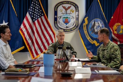 250910-N-VO895-1007

OKINAWA, Japan (Sept. 10, 2025) Rear Adm. Tom Shultz, commander, Task Force (CTF) 76, right, briefs Adm. Steve Koehler, commander, U.S. Pacific Fleet, center, on command operations during Koehler’s visit to CTF 76 on White Beach Naval Facility, Okinawa, Japan, Sept. 10, 2025. Koehler’s visit to Okinawa underscored the Pacific Fleet’s commitment to integrated maritime operations alongside the U.S. Marine Corps and highlighted ongoing efforts to strengthen forward-deployed readiness, joint force interoperability, and regional partnerships in support of a free and open Indo-Pacific. Within the U.S. 7th Fleet area of operations, CTF 76 is responsible for conducting expeditionary warfare operations with Navy and Marine Corps capabilities to support theater contingencies that range from crisis response to full combat operations. (U.S. Navy photo by Mass Communication Specialist 2nd Class Danilo Reynoso)