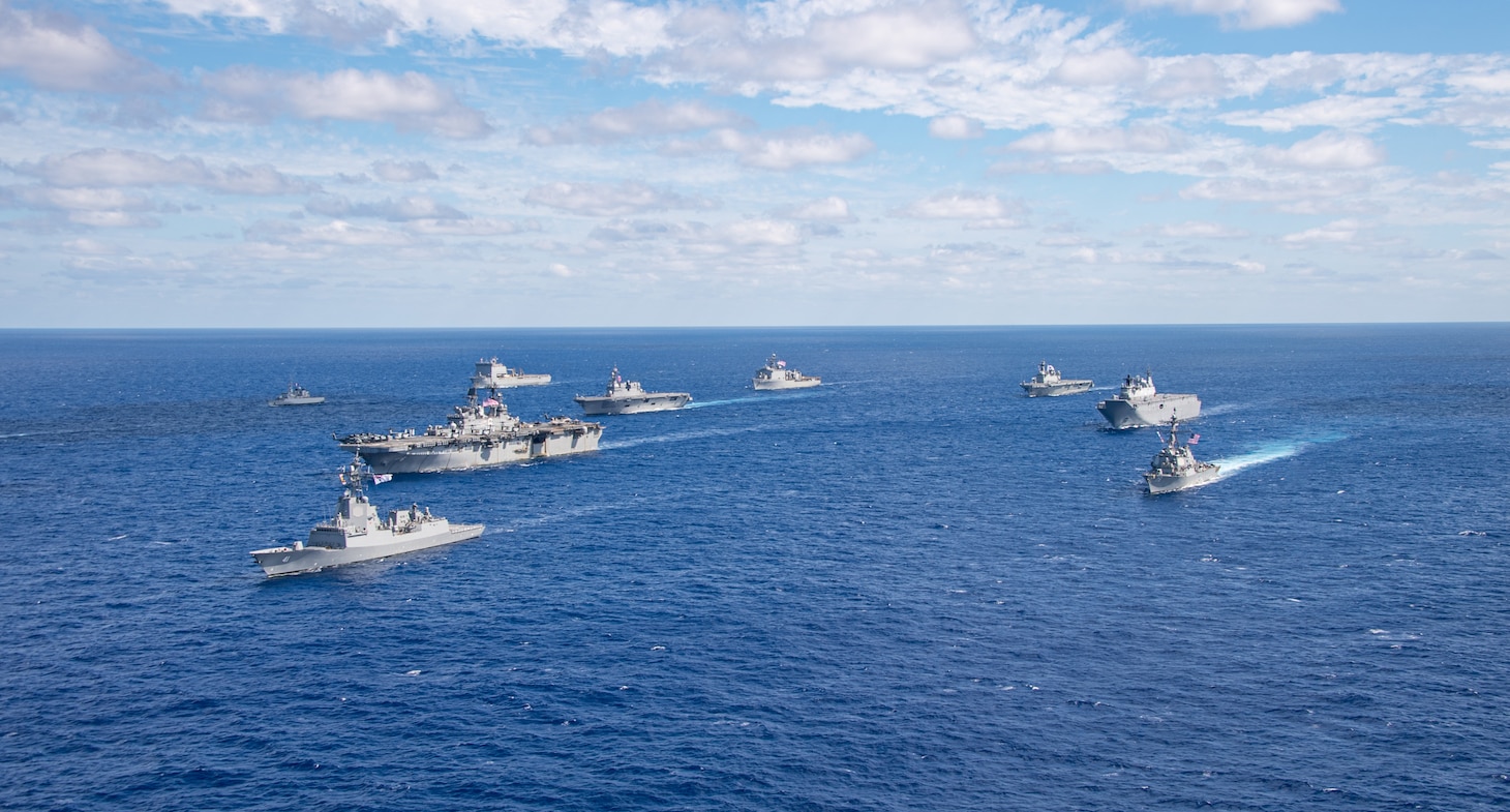 250720-N-FC892-1266 CORAL SEA (July 20, 2025) U.S. Navy ships from the America Strike Group, led by the forward-deployed amphibious assault ship USS America (LHA 6), sail in formation with Royal Australian Navy, Republic of Korea Navy, Royal New Zealand Navy, French Navy and Japan Maritime Self-Defense Force as part of Talisman Sabre 25, July 20. Talisman Sabre is the largest bilateral military exercise between Australia and the United States advancing a free and open Indo-Pacific by strengthening relationships and interoperability among key allies and partners, while enhancing our collective capabilities to respond to a wide array of potential security concerns. (U.S. Navy photo by Mass Communication Specialist 2nd Class Cole Pursley)