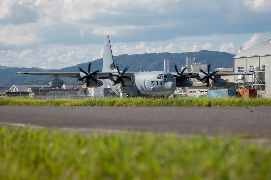A U.S. Marine Corps KC-130J Hercules aircraft with Marine Aerial Refueler Transport Squadron (VMGR) 152, Marine Aircraft Group 12, 1st Marine Aircraft Wing, conducts flight operations at Marine Corps Air Station Iwakuni, Japan, Sept. 18, 2025. Pilots aboard various aircraft at MCAS Iwakuni, have to accumulate the required quantity of flying hours every month to maintain proficiency and expertise with their airframe via daily flight activities. (U.S. Marine Corps photo by Lance Cpl. Maikeyla Reyes)
