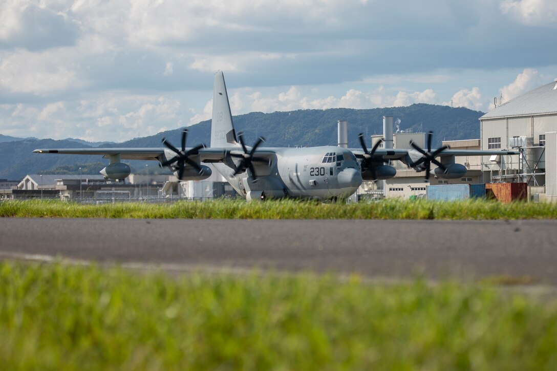 A U.S. Marine Corps KC-130J Hercules aircraft with Marine Aerial Refueler Transport Squadron (VMGR) 152, Marine Aircraft Group 12, 1st Marine Aircraft Wing, conducts flight operations at Marine Corps Air Station Iwakuni, Japan, Sept. 18, 2025. Pilots aboard various aircraft at MCAS Iwakuni, have to accumulate the required quantity of flying hours every month to maintain proficiency and expertise with their airframe via daily flight activities. (U.S. Marine Corps photo by Lance Cpl. Maikeyla Reyes)