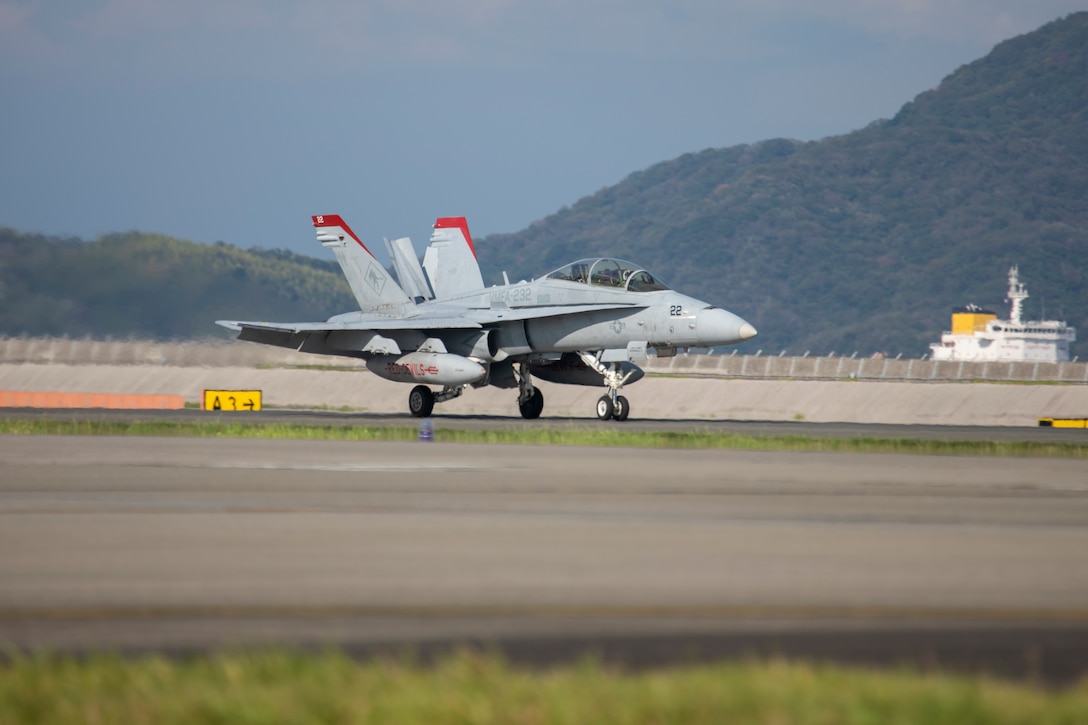 A U.S. Marine Corps F/A-18D Hornet aircraft with Marine Fighter Attack Squadron (VMFA) 232, currently assigned to Marine Aircraft Group 12, 1st Marine Aircraft Wing, conducts flight operations at Marine Corps Air Station Iwakuni, Japan, Sept. 18, 2025. Established Sept. 1, 1925, VMFA-232 is the oldest and most decorated fighter squadron in the USMC. VMFA-232 is from MCAS Miramar, California, and through the Unit Deployment Program the squadron gains additional experience in the Indo-Pacific area. (U.S. Marine Corps photo by Lance Cpl. Maikeyla Reyes)