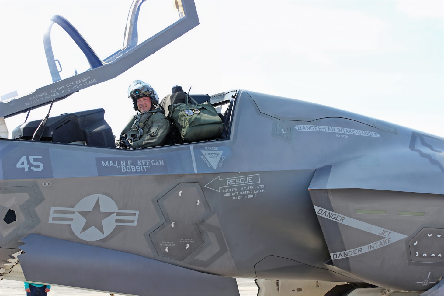 Fleet Readiness Center East (FRCE) F-35 maintenance test pilot Ross Fearon his final F-35B Lightning II flight as an active-duty Marine. Following 20 years of service as a fighter pilot in the Marine Corps, Fearon took on the civilian role of F-35 maintenance test pilot in order to continue serving the nation by helping deliver flight-ready aircraft to the warfighter.