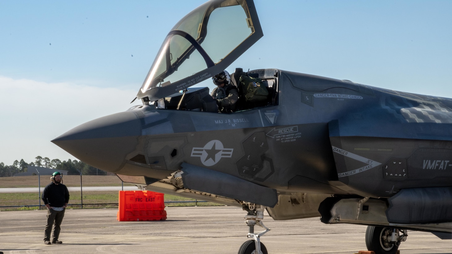 Fleet Readiness Center East (FRCE) F-35 maintenance test pilot Ross Fearon prepares to conduct a functional check flight on an F-35B Lightning II to ensure the aircraft’s airframe, engines, accessories, and equipment are functioning according to standard following service at the depot. Fearon took on the role to test pilot at FRCE following 20 years of service as a fighter pilot in the Marine Corps in order to continue serving the nation by helping deliver flight-ready aircraft to the warfighter