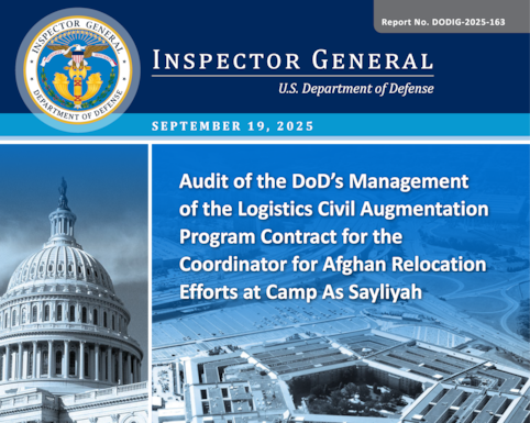 Audit of the DoD’s Management of the Logistics Civil Augmentation Program Contract for the Coordinator for Afghan Relocation Efforts at Camp As Sayliyah (Report No. DODIG-2025-163) 

The objective of this audit was to assess the effectiveness of the DoD’s management of the Logistics Civil Augmentation Program (LOGCAP) V contract in support of the Coordinator for Afghan Relocation Efforts (CARE) Doha at Camp As Sayliyah, Qatar. 
