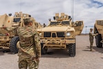 A U.S. Army soldier conducts driver’s training with the Mine-Resistant Ambush Protected (MRAP) vehicle.