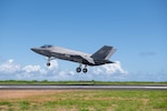 A U.S. Navy F-35C Lightning II assigned to Strike Fighter Squadron(VFA) 147 and attached to Carrier Air Wing (CVW) 5, prepares to land during a field carrier landing practice (FCLP) at Iwo To, Japan, May 25. FCLP is a required flight training for pilot qualification and proficiency that precedes aircraft carrier landing operations, ensuring warfighting readiness in support of regional security and stability in the U.S. Indo-Pacific region.