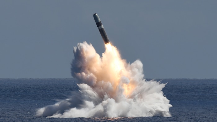 An unarmed Trident II D5 Life Extension (D5LE) missile launches from an Ohio-class ballistic missile submarine (SSBN) off the coast of Florida. The four launches conducted from Sept. 17-21 were part of a planned test event which are conducted on a recurring, scheduled basis to evaluate and ensure the continued reliability and accuracy of the system.