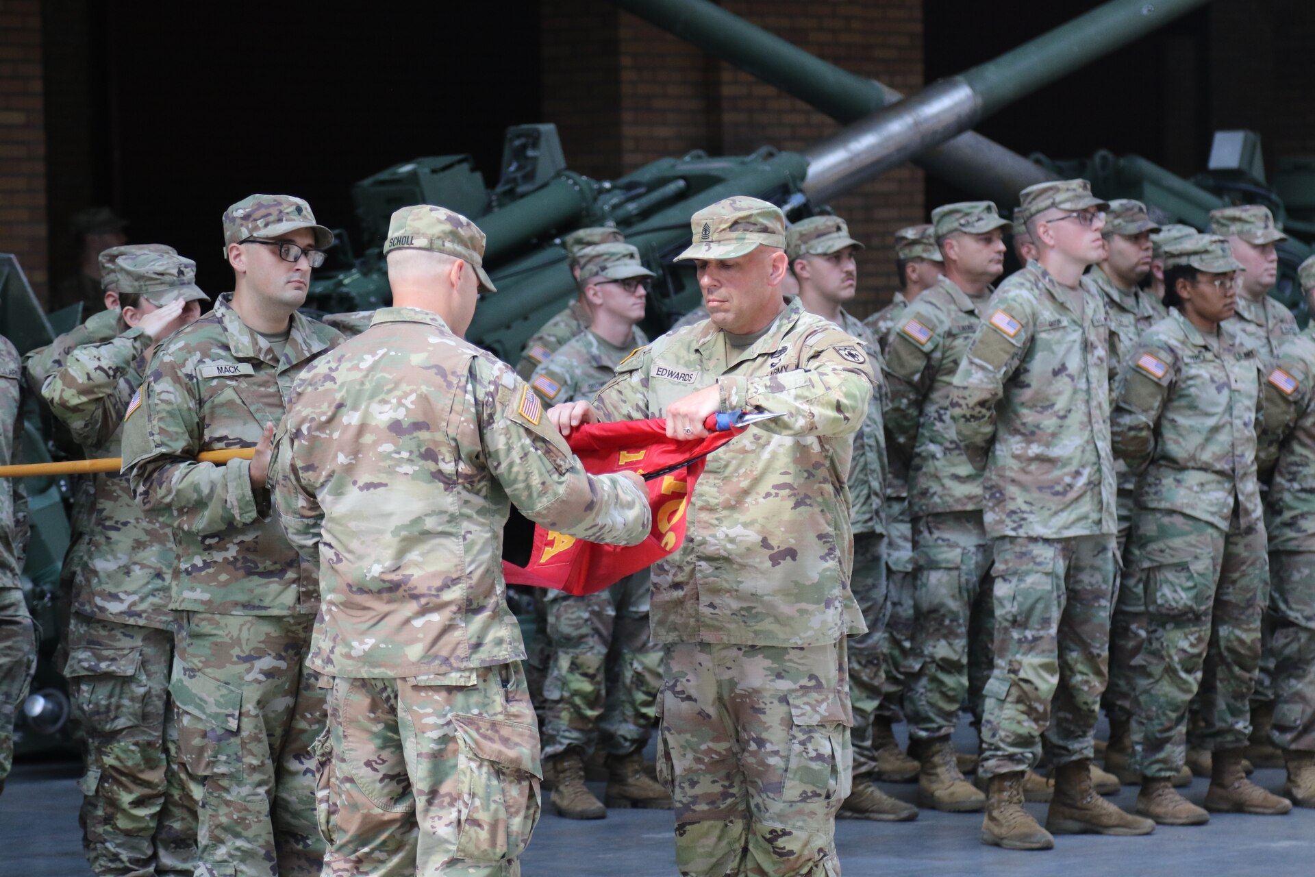 The Pennsylvania Army National Guard held a ceremony at the Kingston Armory in Wilkes-Barre, Pa. Sept. 14, 2025 to mark a significant moment in the organization's history. The 1st Battalion, 109th Field Artillery Regiment, a storied unit dating back to 1775, was deactivated. The Regiment's colors were cased during a time-honored tradition to symbolize the conclusion of its active service. After, the 28th Division Artillery was reactivated, reestablishing a critical component of the 28th Infantry Division's combat power. (U.S. Army National Guard photos by Sgt. 1st Class Shane Smith)