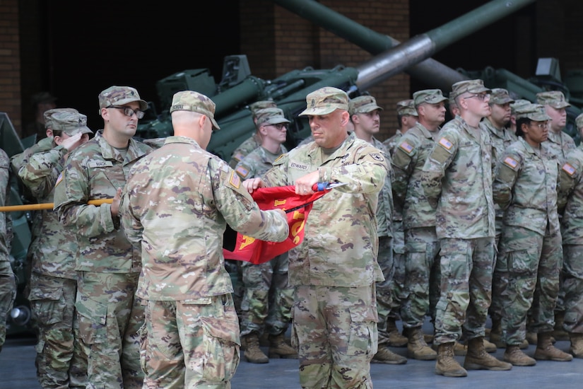 The Pennsylvania Army National Guard held a ceremony at the Kingston Armory in Wilkes-Barre, Pa. Sept. 14, 2025 to mark a significant moment in the organization's history. The 1st Battalion, 109th Field Artillery Regiment, a storied unit dating back to 1775, was deactivated. The Regiment's colors were cased during a time-honored tradition to symbolize the conclusion of its active service. After, the 28th Division Artillery was reactivated, reestablishing a critical component of the 28th Infantry Division's combat power. (U.S. Army National Guard photos by Sgt. 1st Class Shane Smith)
