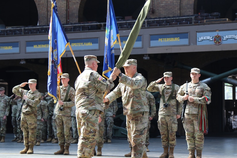 The Pennsylvania Army National Guard held a ceremony at the Kingston Armory in Wilkes-Barre, Pa. Sept. 14, 2025 to mark a significant moment in the organization's history. The 1st Battalion, 109th Field Artillery Regiment, a storied unit dating back to 1775, was deactivated. The Regiment's colors were cased during a time-honored tradition to symbolize the conclusion of its active service. After, the 28th Division Artillery was reactivated, reestablishing a critical component of the 28th Infantry Division's combat power. (U.S. Army National Guard photos by Sgt. 1st Class Shane Smith)
